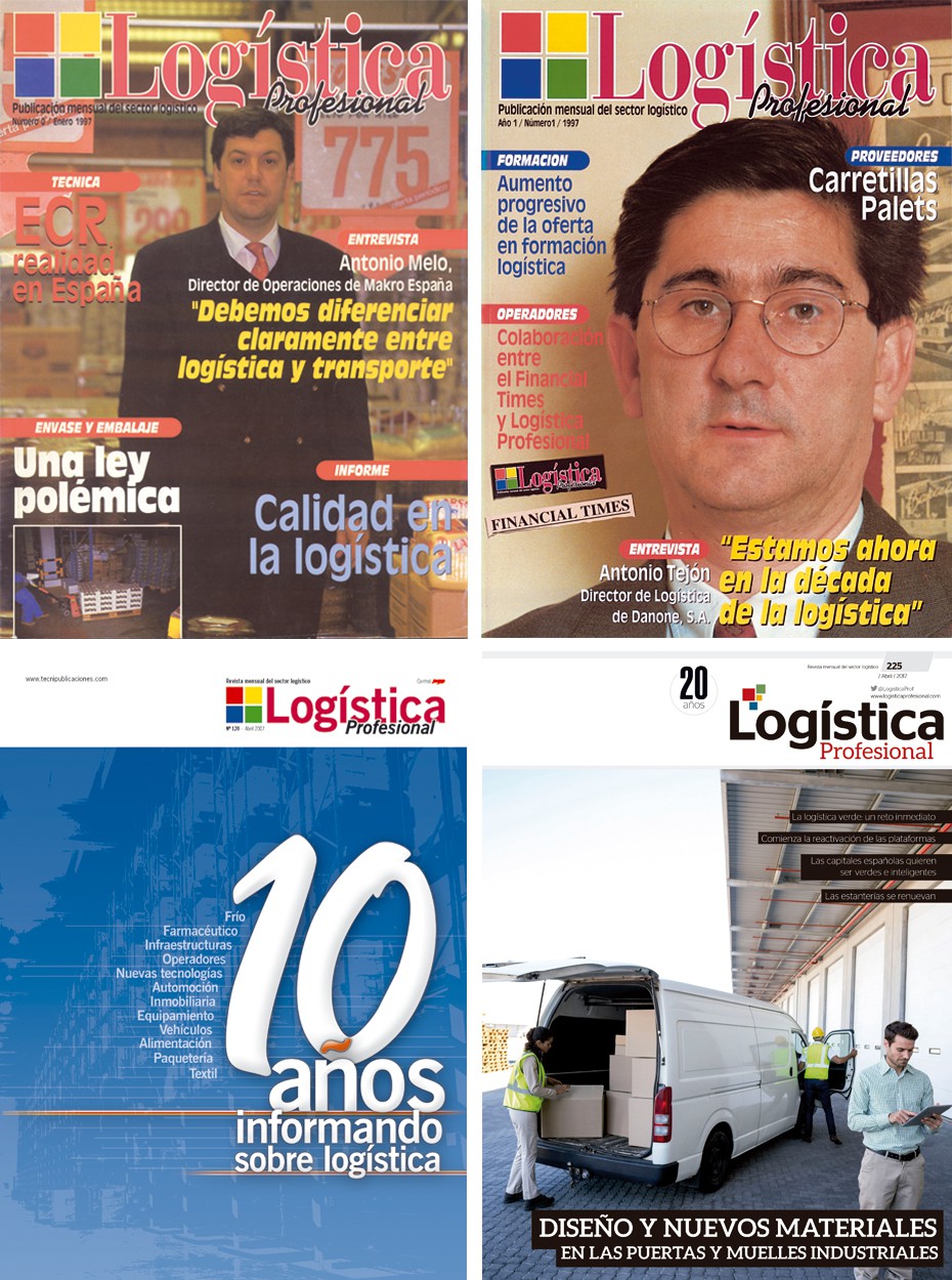 Portadas de Logística Profesional: números 0 (1997), 1, 120 (2007) y 225 (2017)